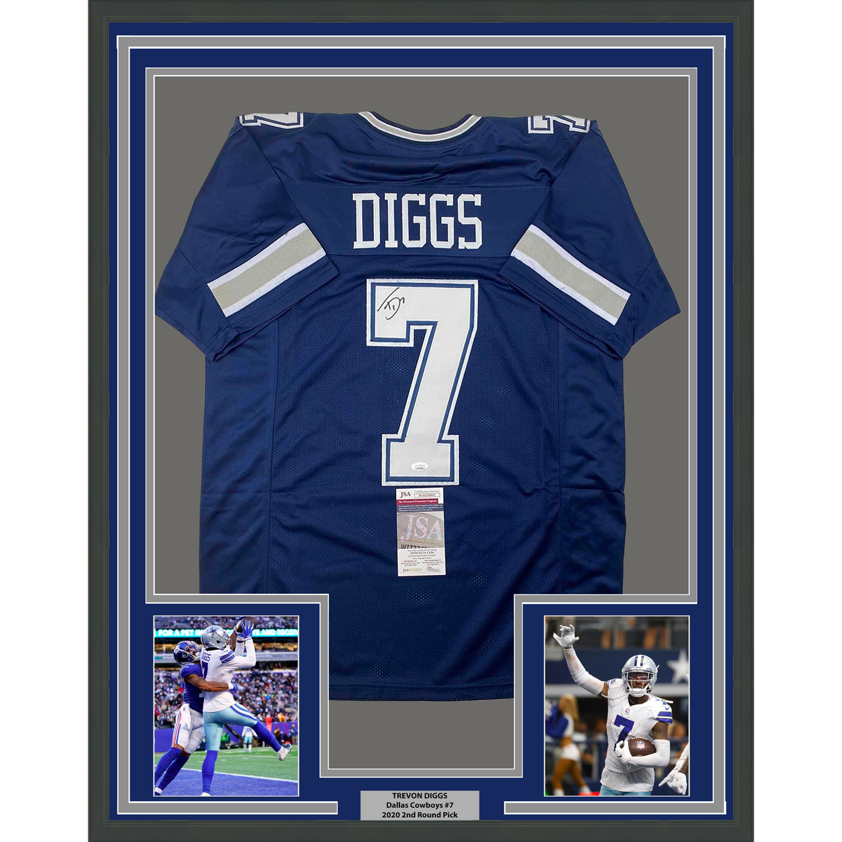 Camiseta de fútbol azul Dallas de 35 x 39, enmarcada, autografiada y firmada por Trevon Diggs (JSA COA)