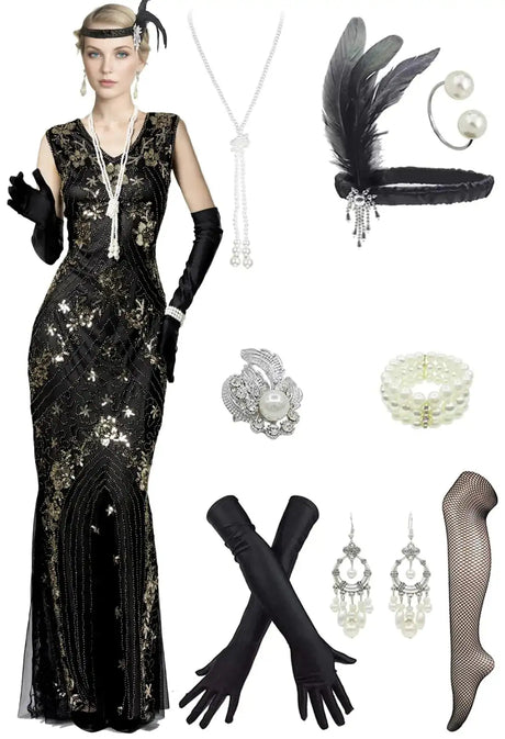 1920s Great Gatsby Flapper Dresses 20s Vintage Sequin Evening Dresses w/Accessories Set Black Gold - Lootquake