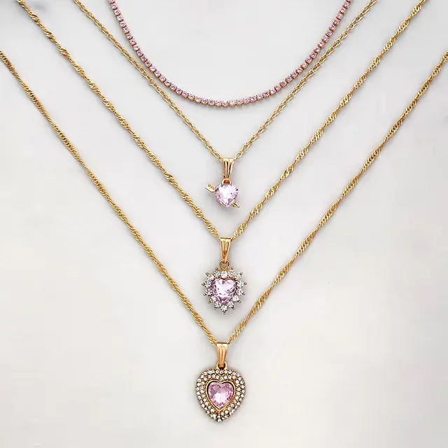 Multi-layer Pink Heart Crystal Pendant Necklaces - Lootquake