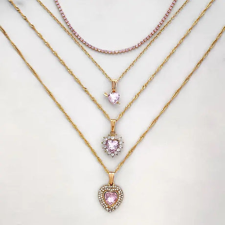 Multi-layer Pink Heart Crystal Pendant Necklaces - Lootquake