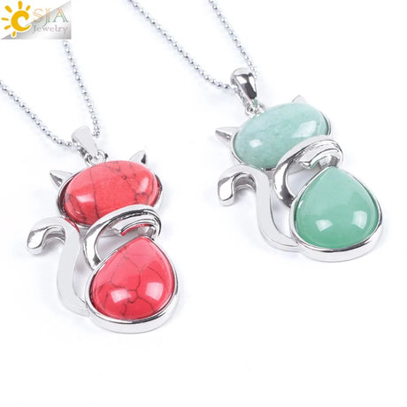 Cat Shape Natural Stone Necklaces With Beads Chain - Lootquake