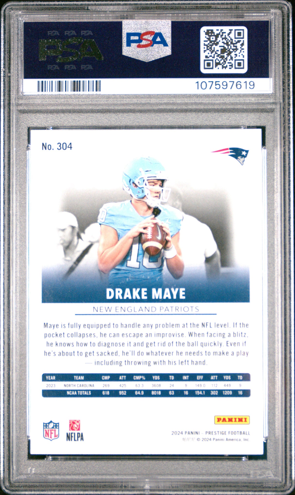 Tarjeta de fútbol Panini Prestige Drake Maye n.° 304 Rookie RC, clasificada en 2024, PSA 10 Gem Mint