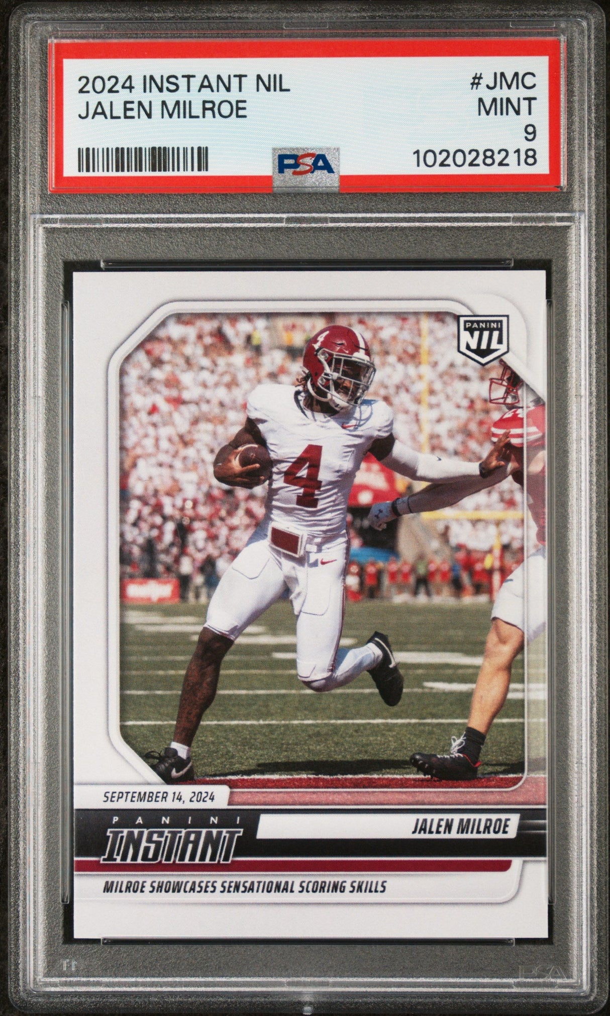 Tarjeta de fútbol RC de novato de Jalen Milroe #JMC de Panini Instant NIL 2024 PSA 9 Mint