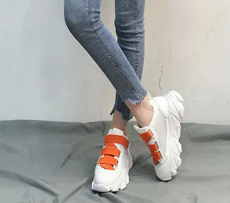 Velcro Platform Sneakers, Dad Shoes, White Casual Shoes - Lootquake