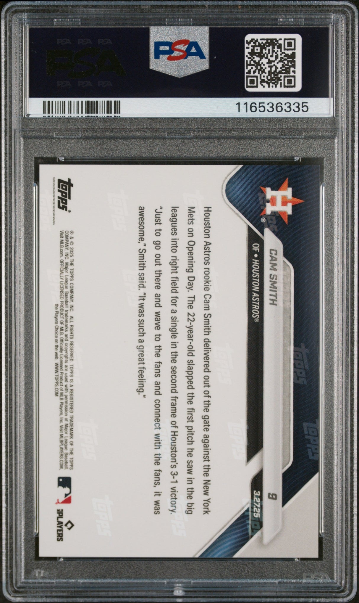 Tarjeta de béisbol RC Cam Smith #9 Rookie de Topps Now, calificada en 2025, PSA 10 Gem Mint