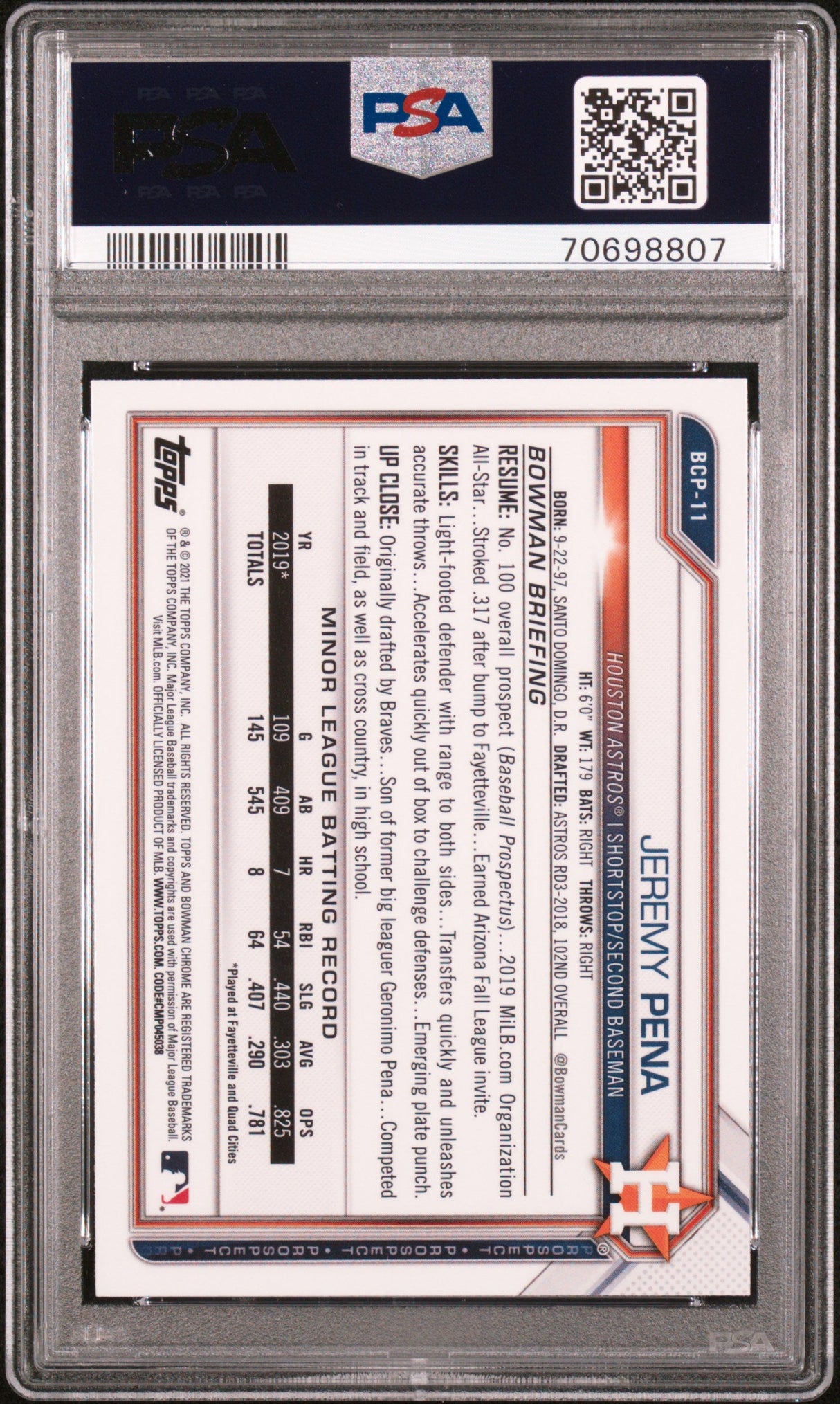 Tarjeta de béisbol Jeremy Peña #BCP11 de Chrome Prospects Rookie RC, edición Topps Bowman Sapphire 2021, PSA 10 Gem Mint