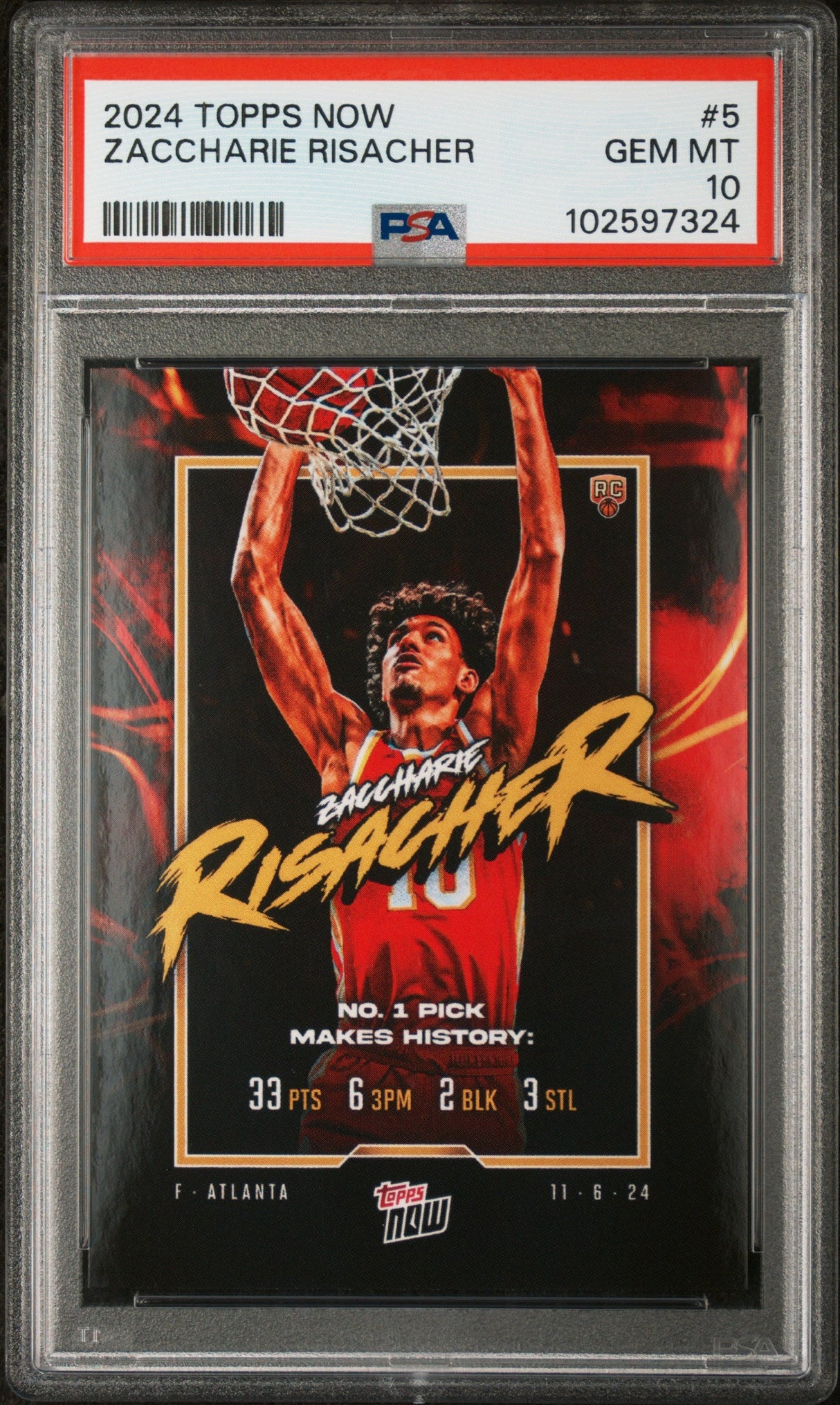 Tarjeta de baloncesto RC de Zaccharie Risacher #5 Rookie, calificada en Topps Now 2024, PSA 10 Gem Mint