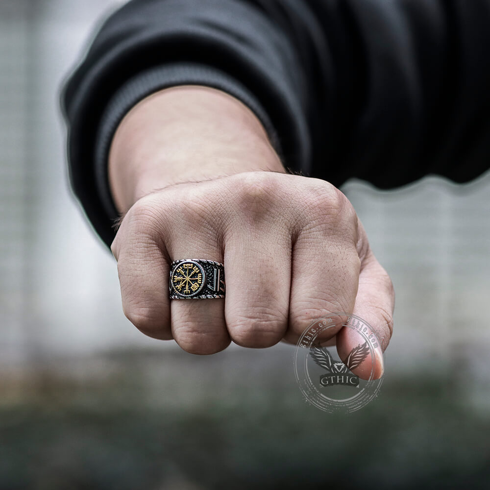 Anillo vikingo de acero inoxidable con Vegvisir y runas