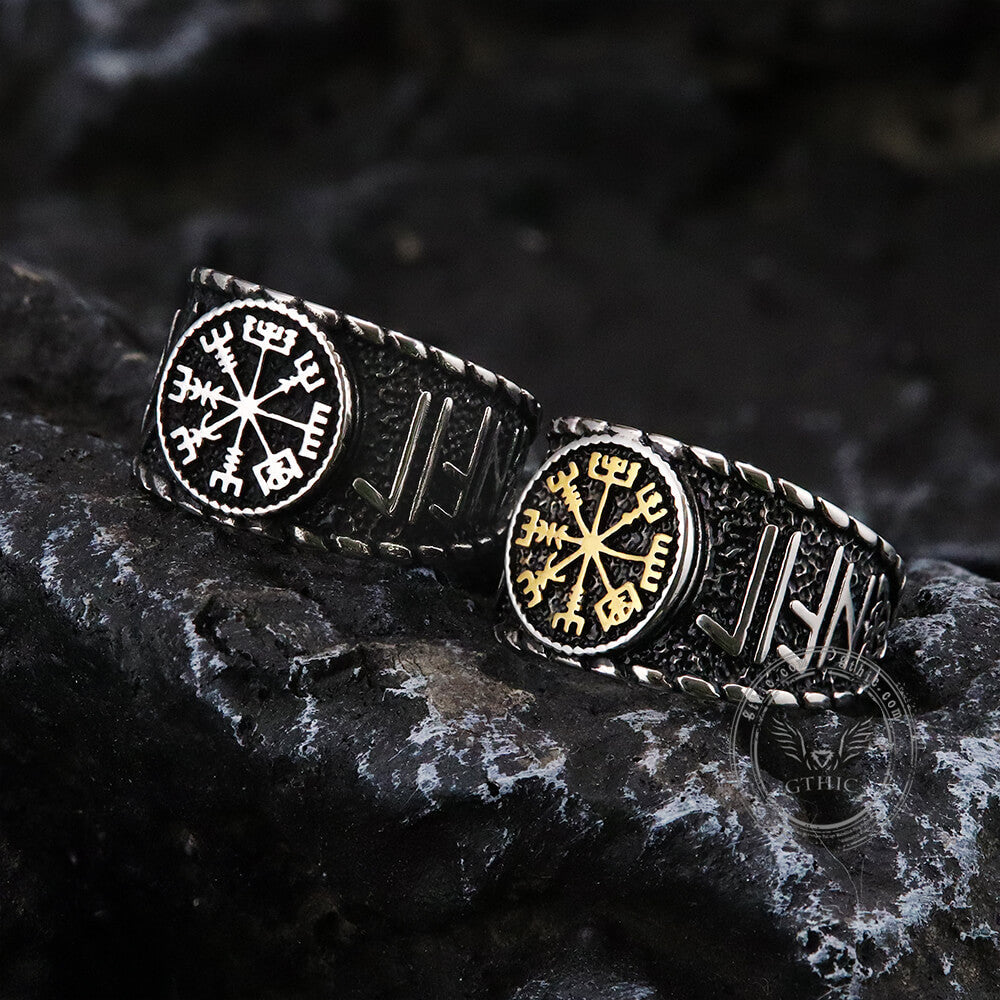 Anillo vikingo de acero inoxidable con Vegvisir y runas