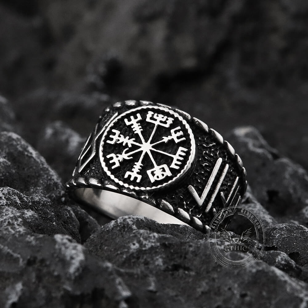 Anillo vikingo de acero inoxidable con Vegvisir y runas