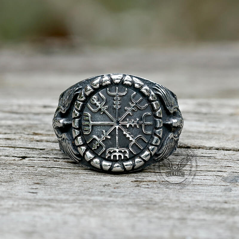 Vegvísir Anillo Vikingo Cuervo Acero Inoxidable