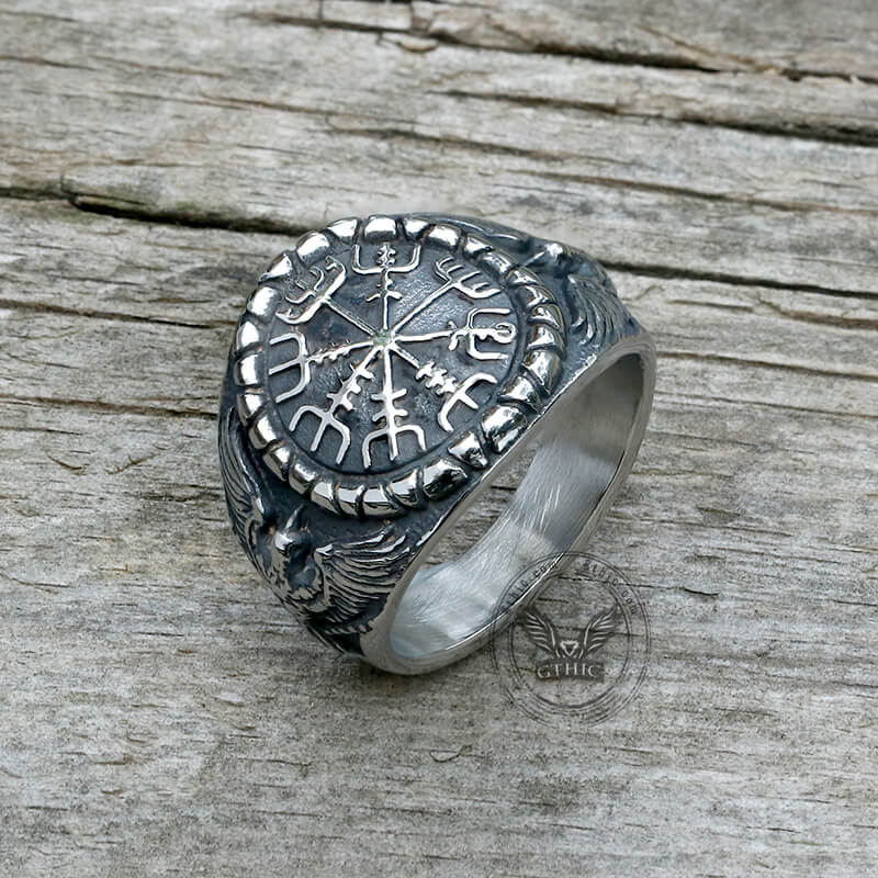 Vegvísir Anillo Vikingo Cuervo Acero Inoxidable