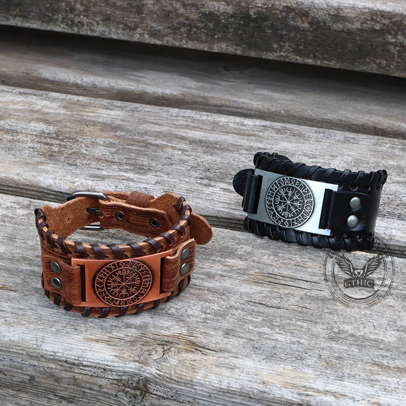Vegvisir Runes Wristband Leather Viking Bracelet