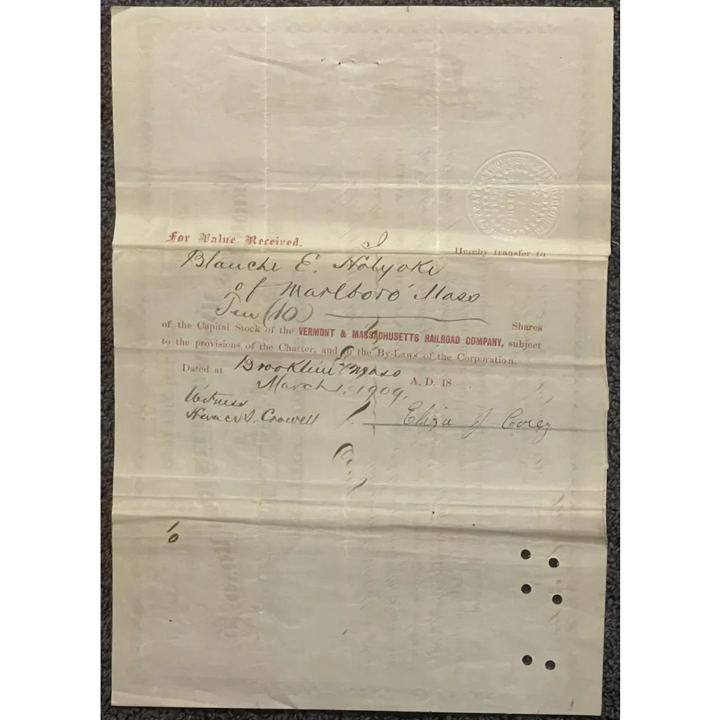 Rare Antique Vermont Massachusetts Railroad Stock Certificate