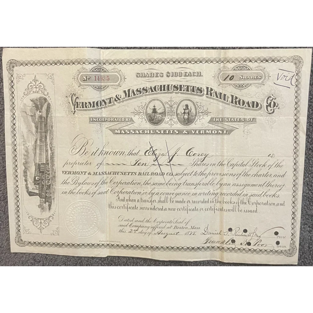 Rare Antique Vermont Massachusetts Railroad Stock Certificate