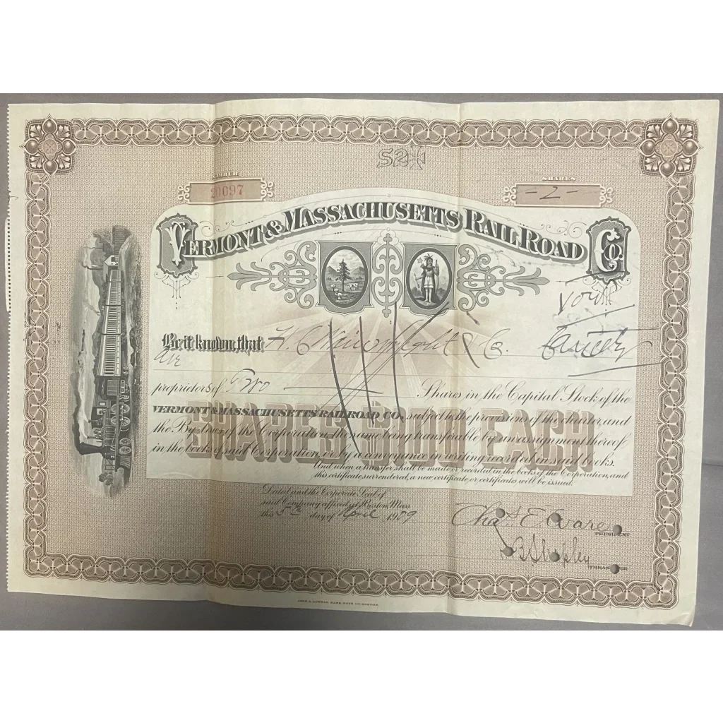 Rare 1900s VT & MA Railroad Stock Certificate Treasure
