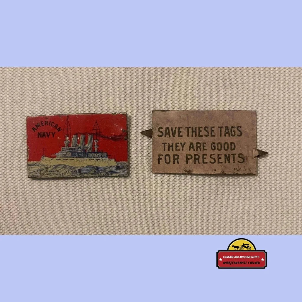 Rare Antique American Navy Tin Tobacco Tag with Intact Backing
