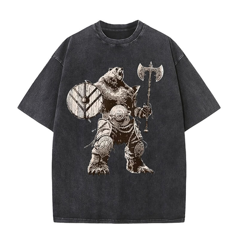 Viking Bear Warrior Print Washed T-shirt