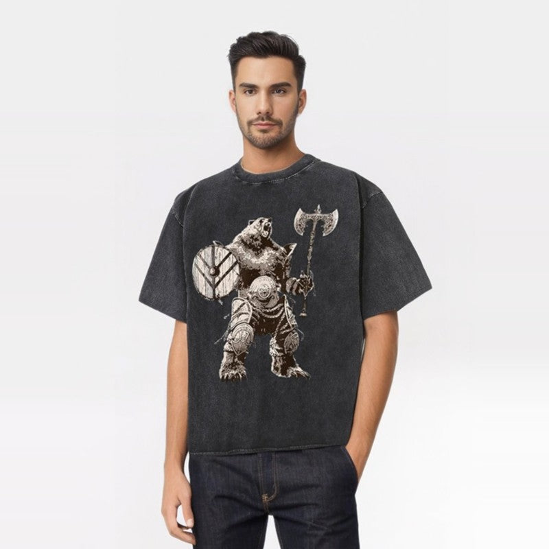 Viking Bear Warrior Print Washed T-shirt