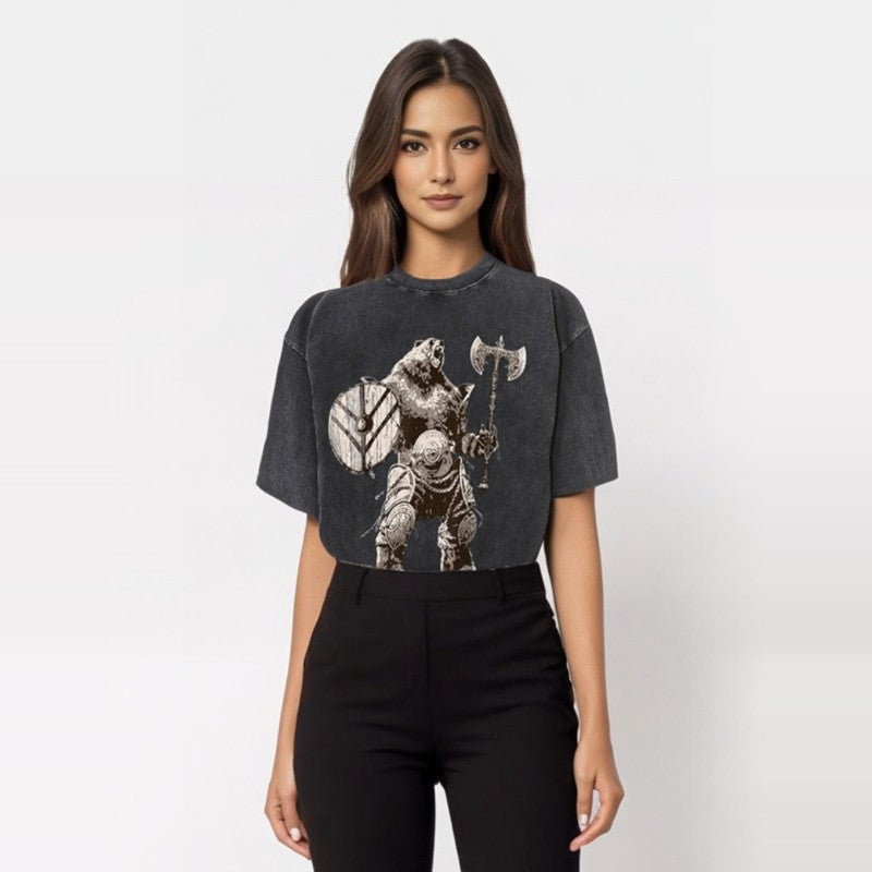 Viking Bear Warrior Print Washed T-shirt