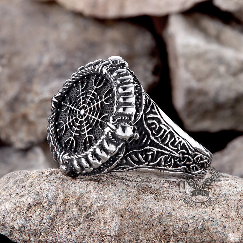 Anillo de calavera de acero inoxidable con el Yelmo Vikingo del Asombro 