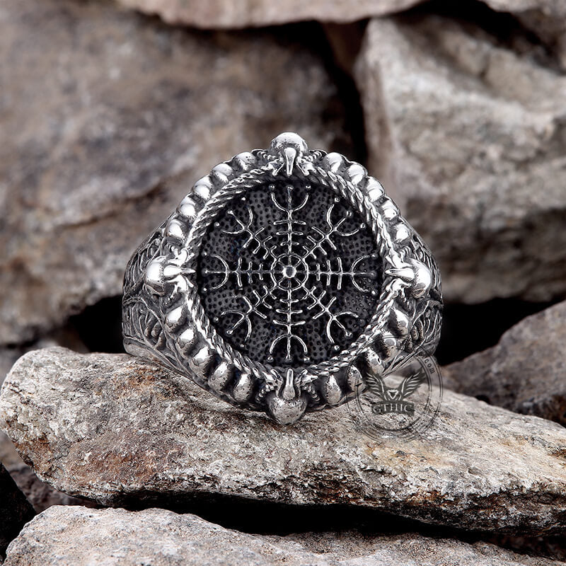 Anillo de calavera de acero inoxidable con el Yelmo Vikingo del Asombro 