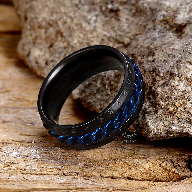 Anillo de acero inoxidable con cadena giratoria y runas vikingas