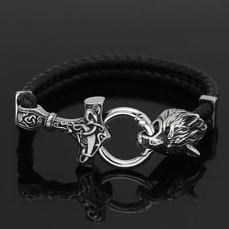 Pulsera de cuero de acero inoxidable con cabeza de lobo vikingo