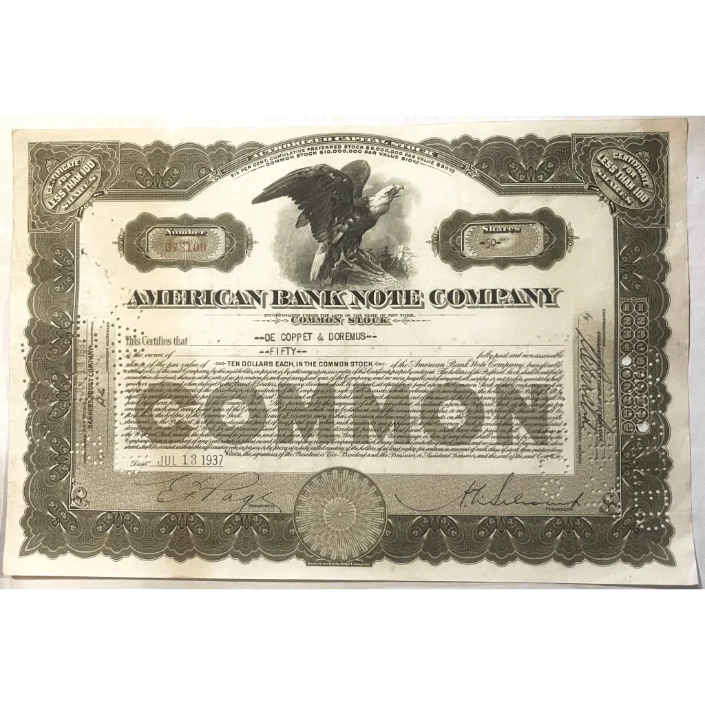 Rare American Bank Note Co. Stock Certificate from Roaring 20s