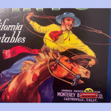 Rare 1930s Cowboy Rodeo Pinto Crate Label from Castroville