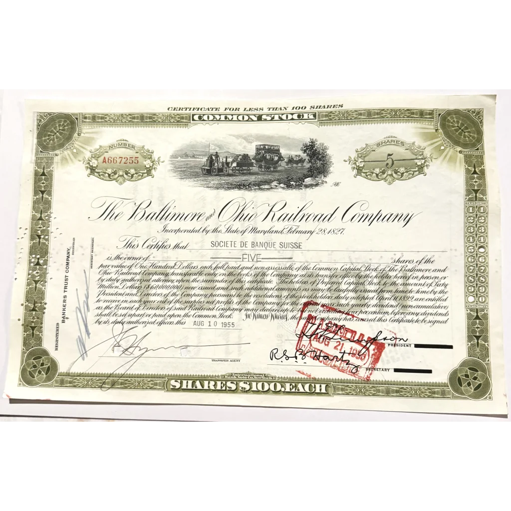 Rare 1950s B&O Railroad Stock Certificate Vintage Collectible