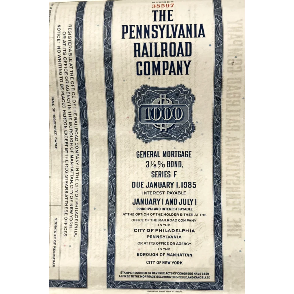 Rare 1945 Pennsylvania Railroad Pennsy Gold Bond Certificate
