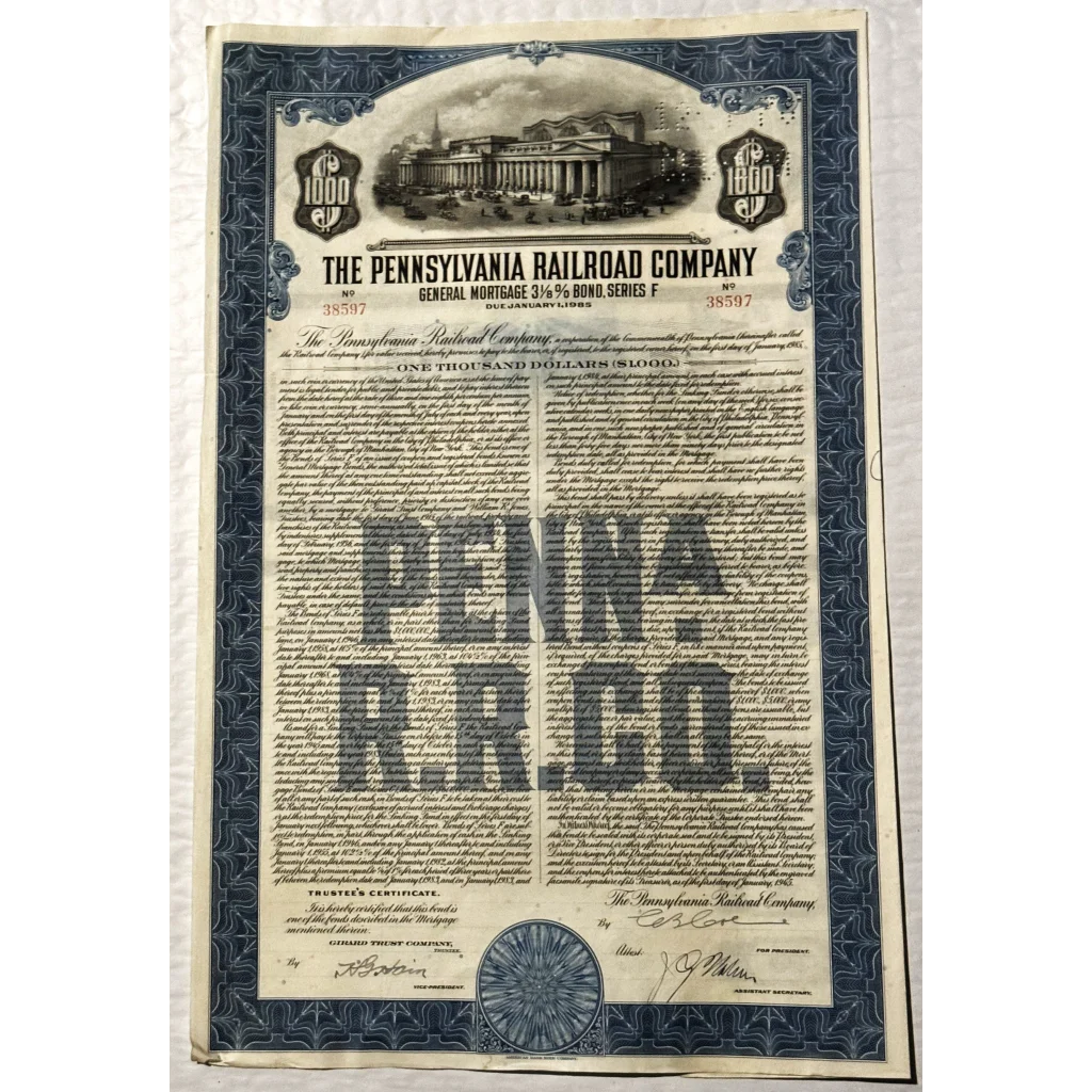 Rare 1945 Pennsylvania Railroad Pennsy Gold Bond Certificate