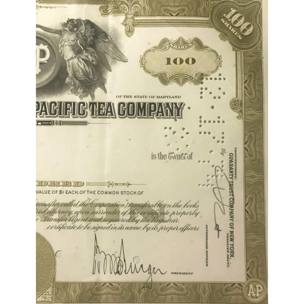 Rare A&P Stock Certificate Vintage Green 1950s 1970s Collectible