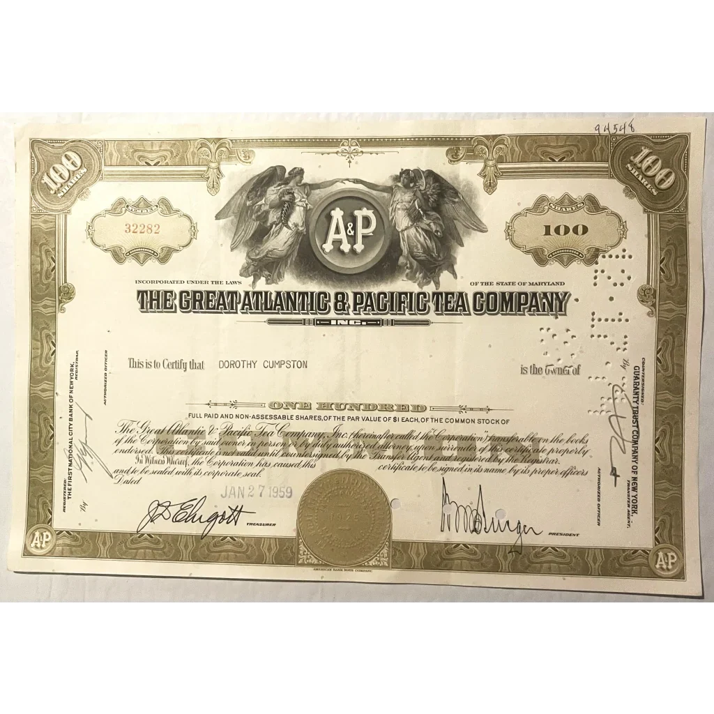 Rare A&P Stock Certificate Vintage Green 1950s 1970s Collectible