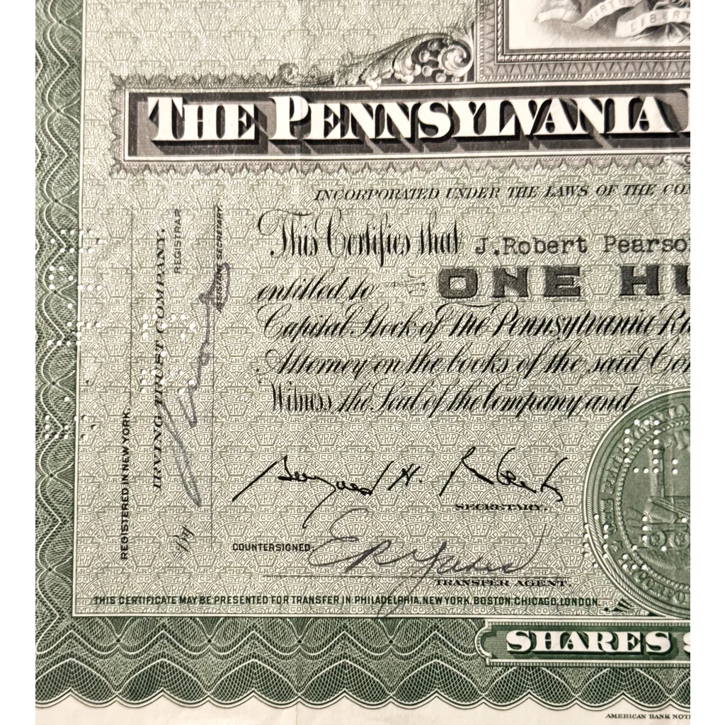 Vintage 1930s - 1950s Pennsylvania Railroad "Pennsy" Stock Certificate, Green