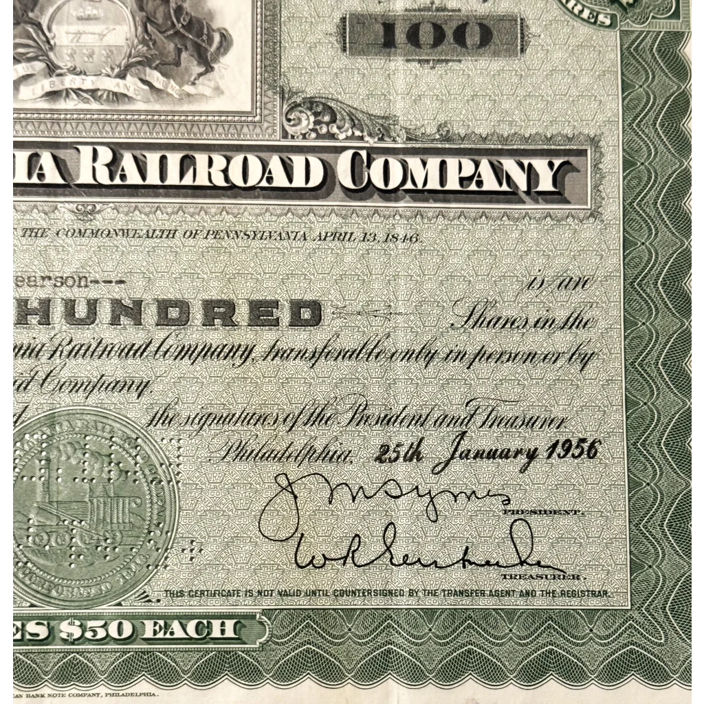 Vintage 1930s - 1950s Pennsylvania Railroad "Pennsy" Stock Certificate, Green