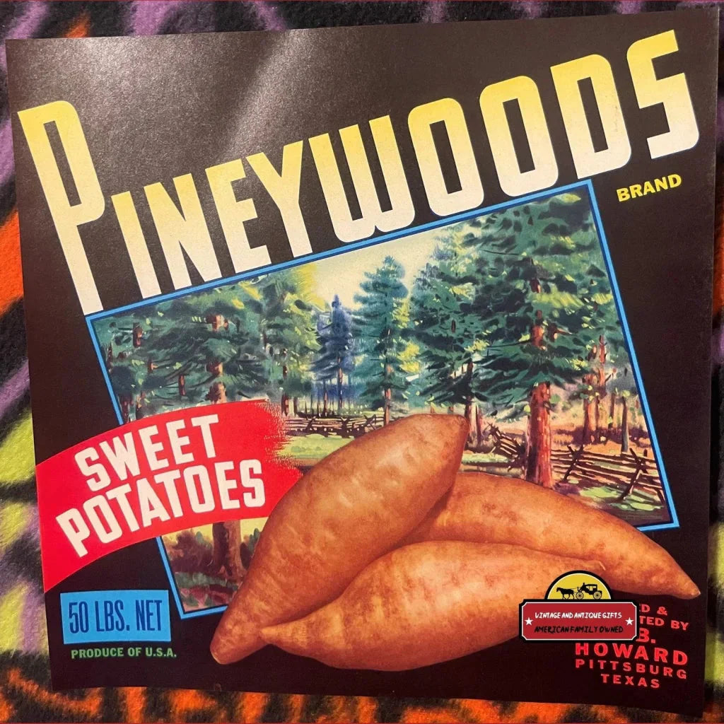 Rare 1950s Pineywoods Sweet Potato Crate Label from Texas