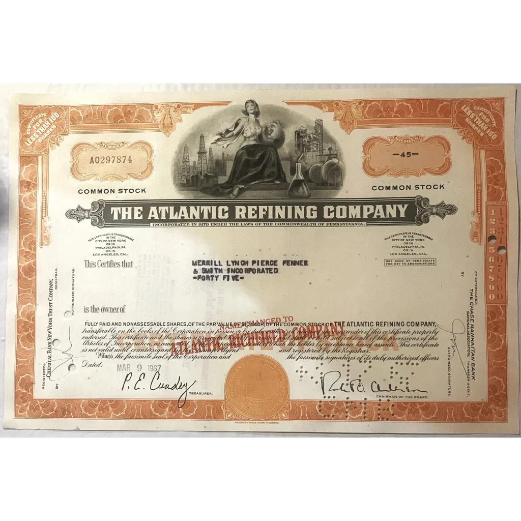 Rare 1960s Atlantic Refining Company Stock Certificate