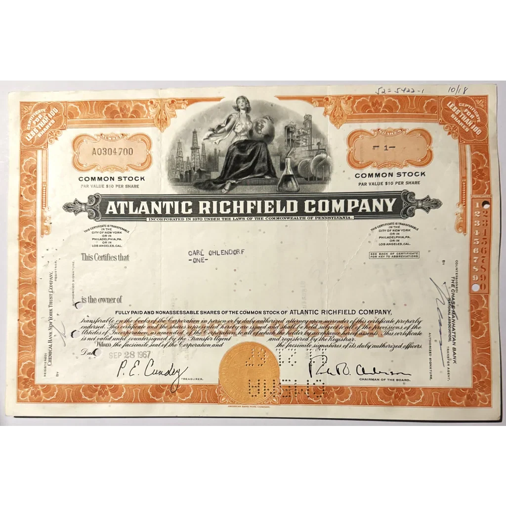 Rare Vintage 1960s Atlantic Richfield Stock Certificate ARCO Americana