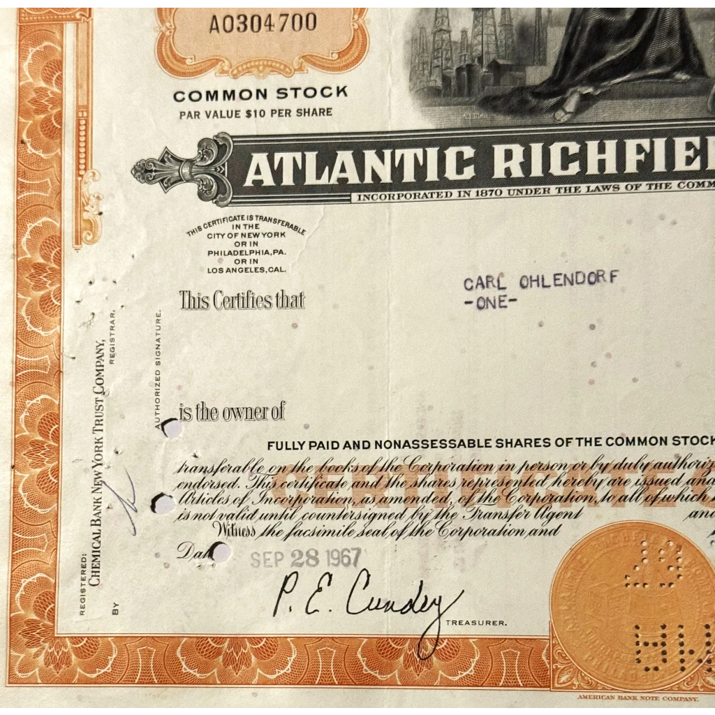 Rare Vintage 1960s Atlantic Richfield Stock Certificate ARCO Americana