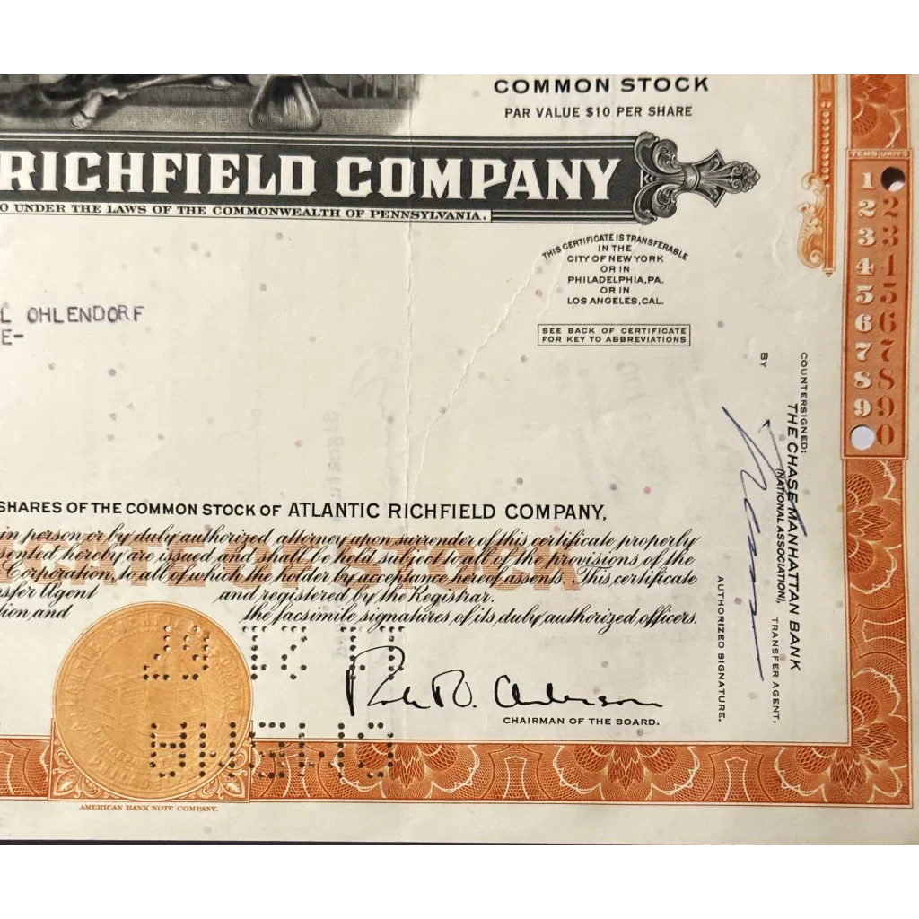 Rare Vintage 1960s Atlantic Richfield Stock Certificate ARCO Americana