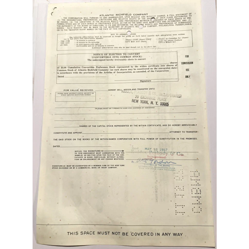 Rare Vintage 1960s Atlantic Richfield Stock Certificate Purple Gem