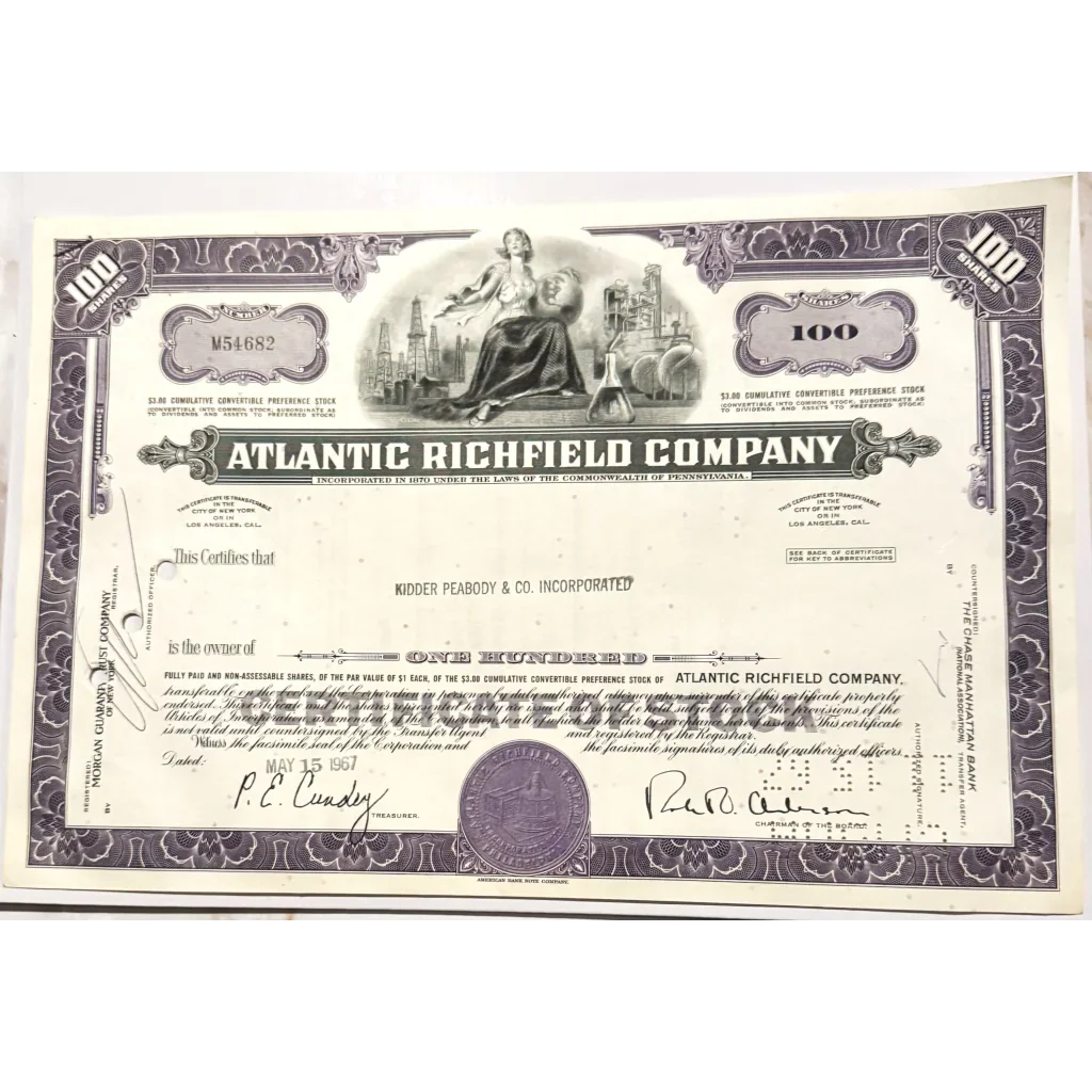 Rare Vintage 1960s Atlantic Richfield Stock Certificate Purple Gem