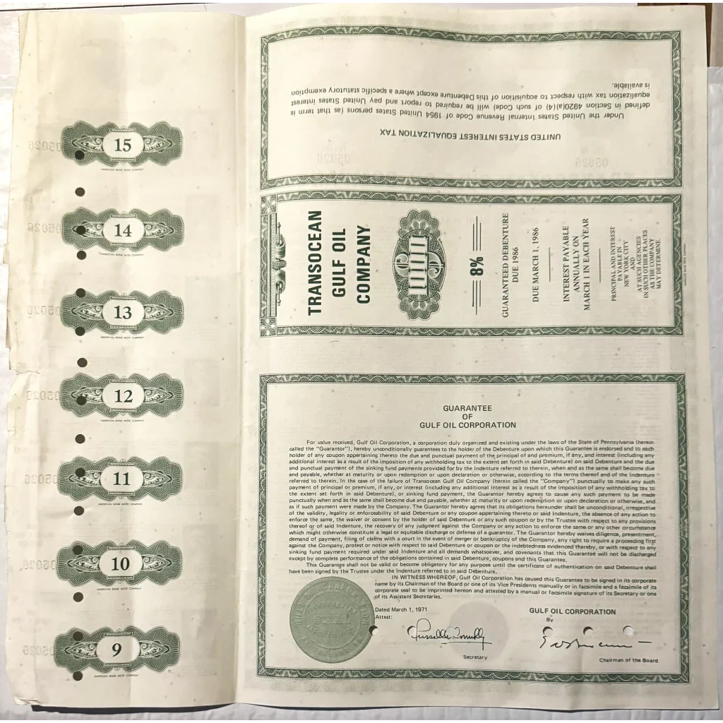 Rare 1971 Transocean Gulf Oil Bond Certificate Collectible