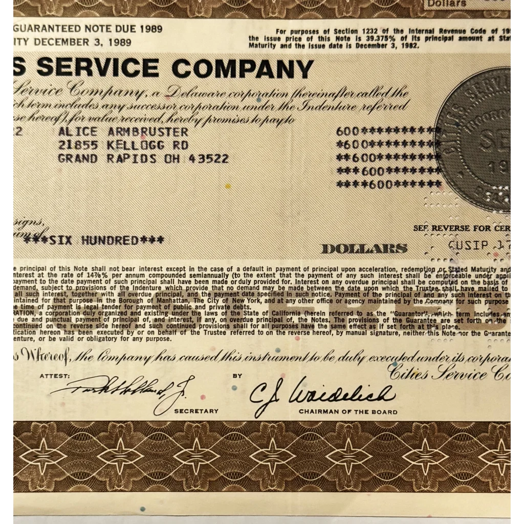Rare 1980s Cities Service Company Stock Certificate Unveiled