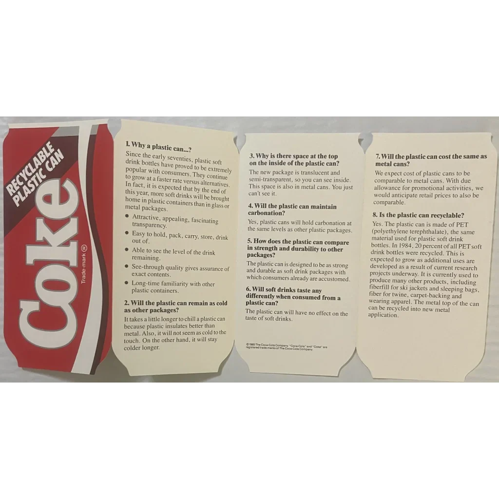 Rare 1985 Coca Cola Plastic Can Pamphlet Collectible