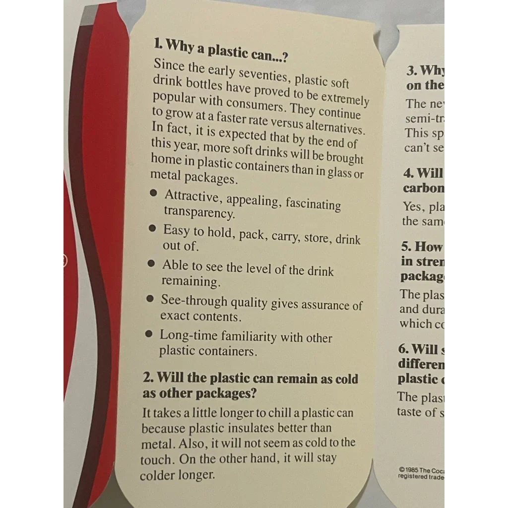 Rare 1985 Coca Cola Plastic Can Pamphlet Collectible