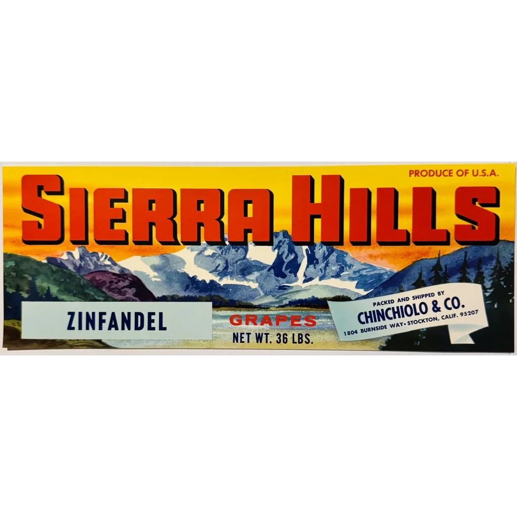 Vintage 1980s Sierra Hills Zinfandel Grape Crate Label Treasure