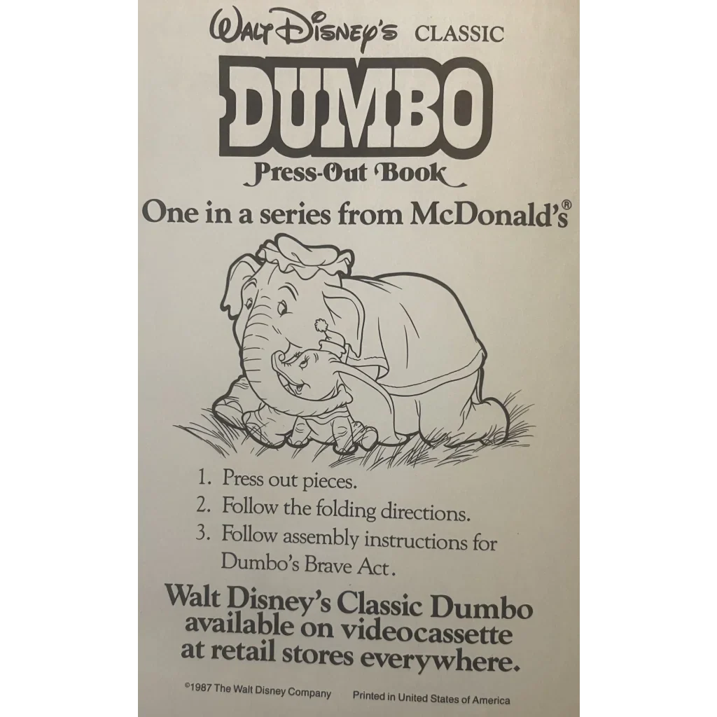 Vintage Walt Disney Dumbo Press Book Antique Gift from 1987